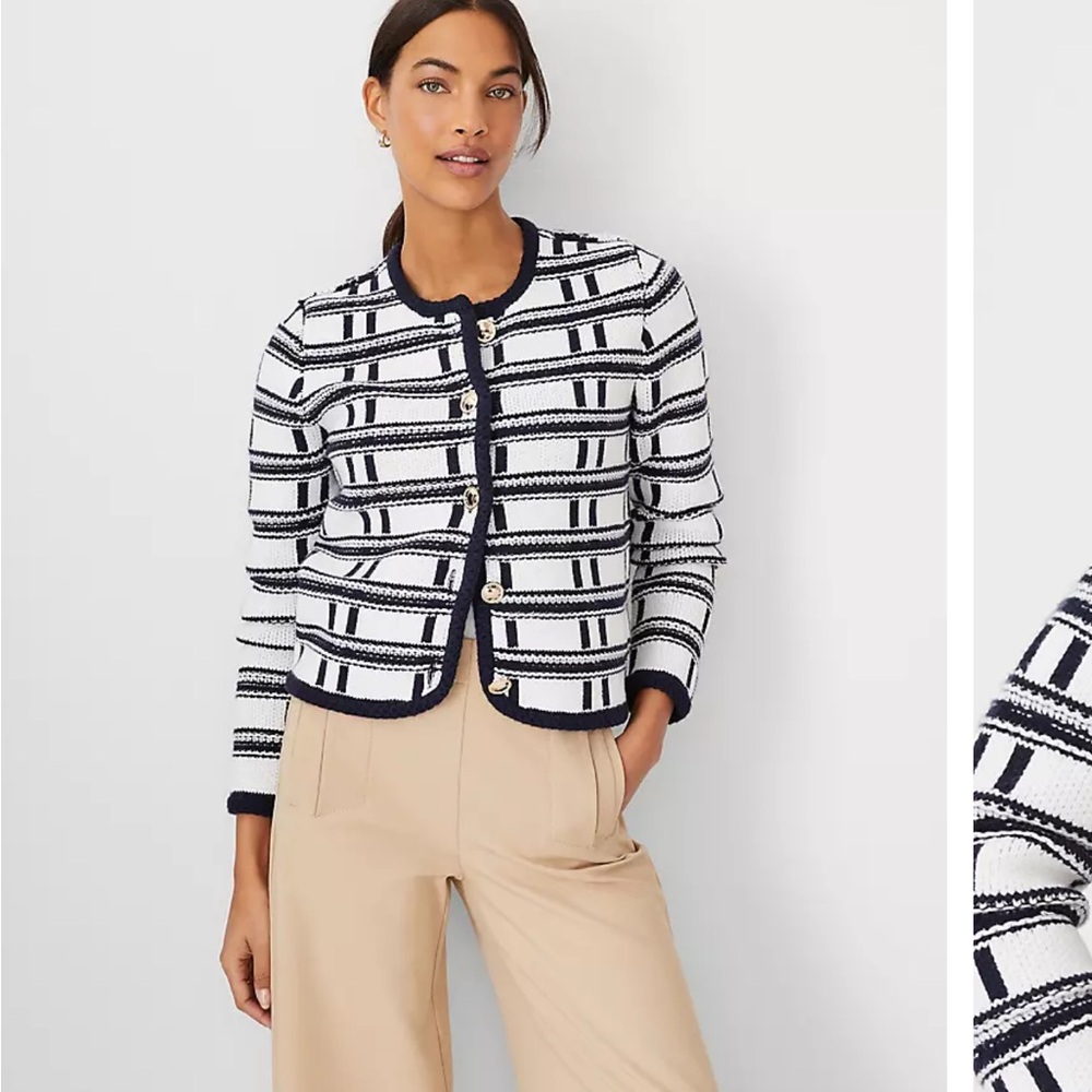 Ann Taylor Plaid Stitch Sweater Jacket navy and white size large EUC